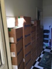 A full shipment of boxes. With nearly 30 boxes of fluid for dialysis (dialysate), there's about 600 pounds of fluid - all of it will pass through me before the next shipment—two weeks from now.